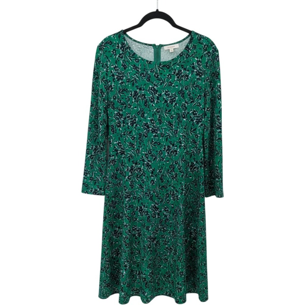 Lauren Ralph Lauren Dress Women 14 Green Floral Long Sleeve A-Line Knee Length